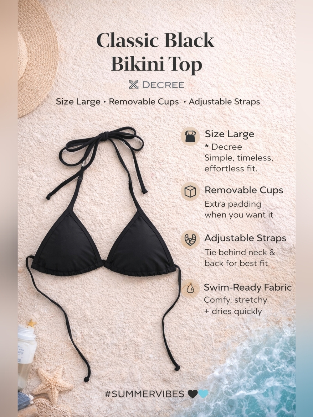 NWT- Decree Black Triangle Bikini Top Large Adjustable Tie - Removable Cups